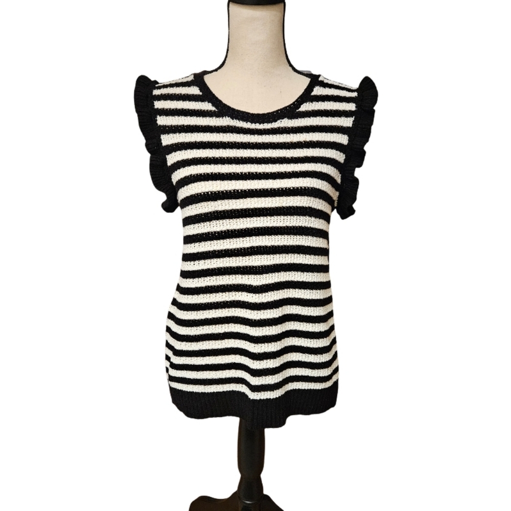 Design History Black and White Striped Knit Ruffle Sleeve Sweater Vest